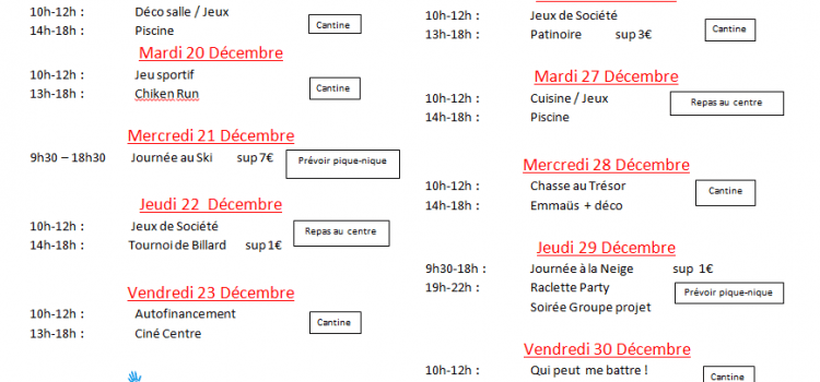 Le programme des Vacances de fin d’année est la !!!